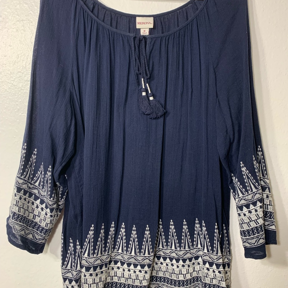 Navy blue and white pull over blouse, size M, 100% cotton, white embroidery